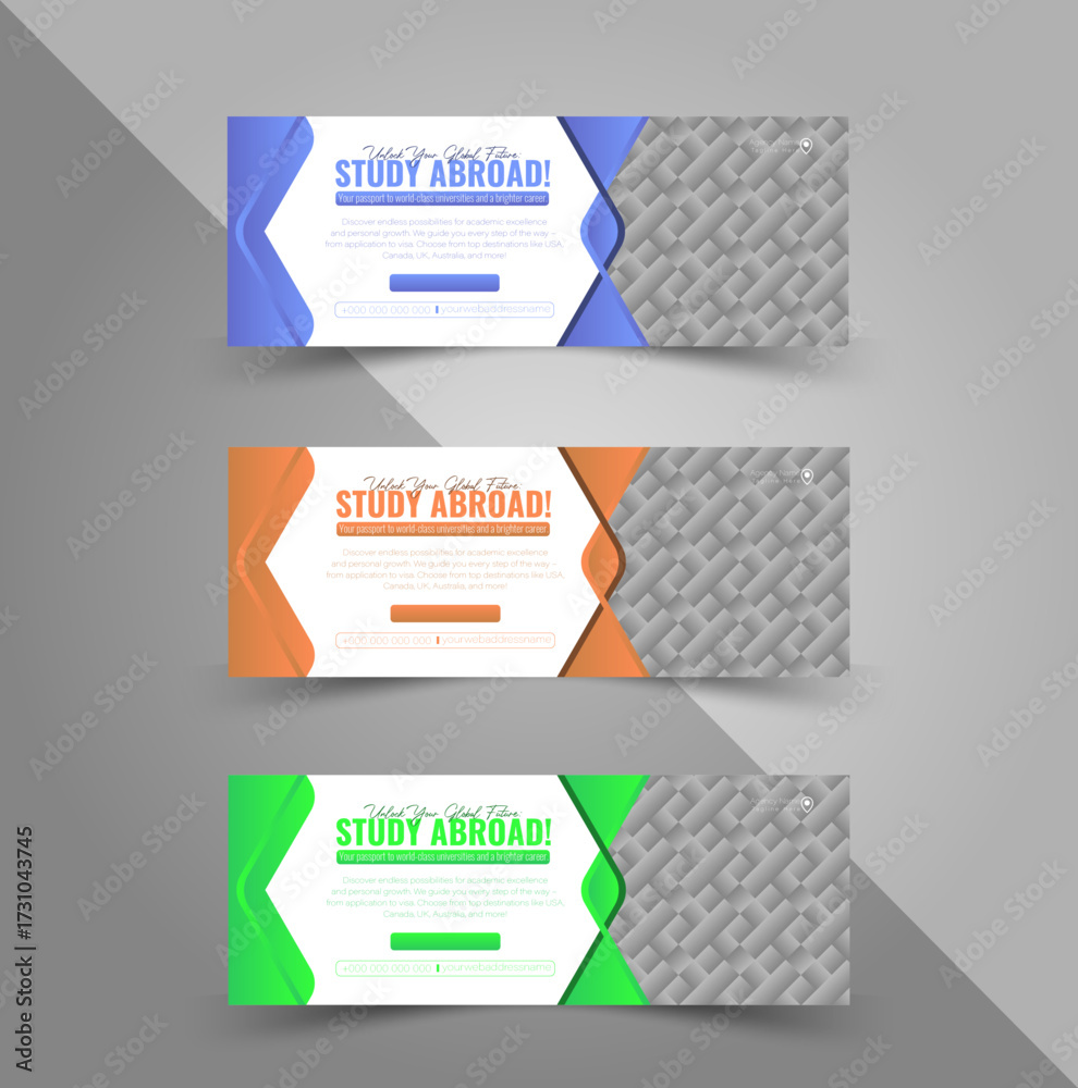 Fototapeta premium Set of 3 Study Abroad Education Facebook Cover Templates Global Education and Visa Consultant Social Media Banner Modern Web Banner for International University Admission Agency.
