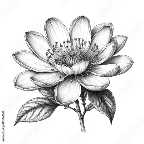 Intricate grayscale botanical illustration of a blooming flower