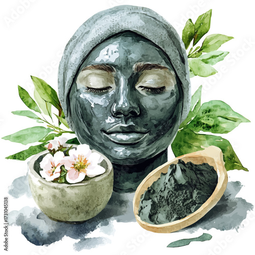 watercolor of Korean Mud Therapy, vector, isolated on a white background.