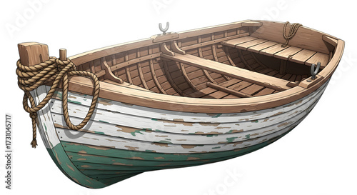 Vintage Wooden Rowboat with Rope Detail Isolated on Transparent Background vintage wooden rowboat
