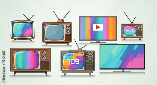 Illustration of seven televisions of varying styles including retro and modern flat screen tvs shown