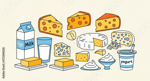 Illustration of various dairy products including cheese milk yogurt and butter on a light background