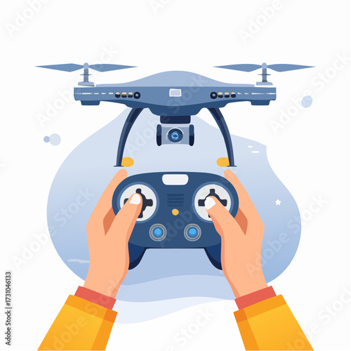 Person Holding Drone Controller Over White Background with Aerial Device Illustration