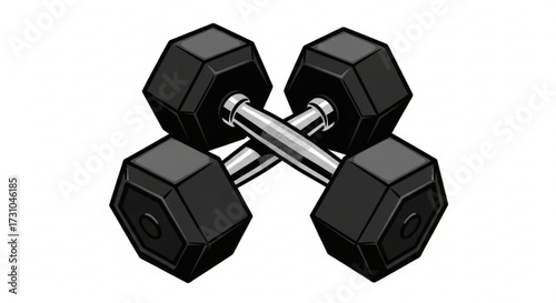 Two black dumbbells crossed with silver handles for weightlifting and strength training equipment fitness concept
