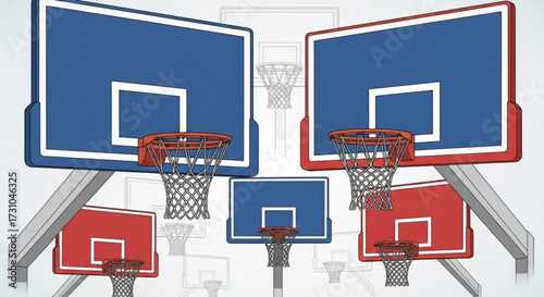 Illustration showcasing multiple basketball hoops with blue and red backboards and nets on a light background