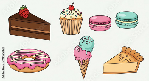 Illustration of a collection of desserts including cake, cupcake, macarons, donut, ice cream, and pie slice
