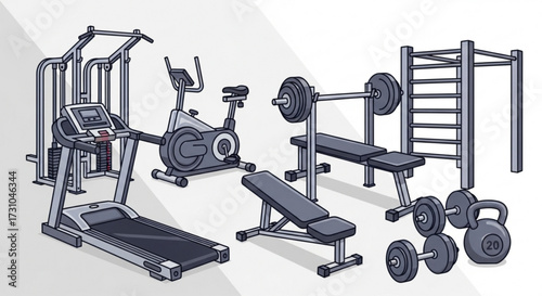 Illustration showcasing a variety of gym equipment including treadmill bike and weightlifting stations