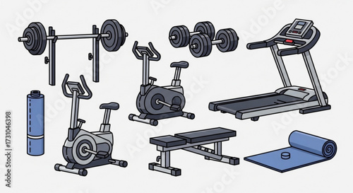 Illustration of a gym setup with exercise equipment including weights treadmill and exercise bikes