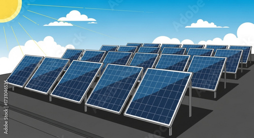 Array of solar panels under a sunny sky with scattered clouds providing renewable energy solutions on rooftop