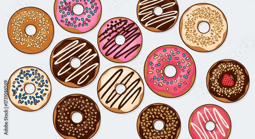 A collection of cartoon style donuts with various toppings and icings arranged on a light background