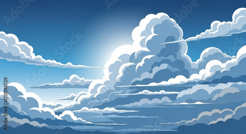 Illustration of a bright sky filled with fluffy white clouds and sunlight shining through the cloudscape scene