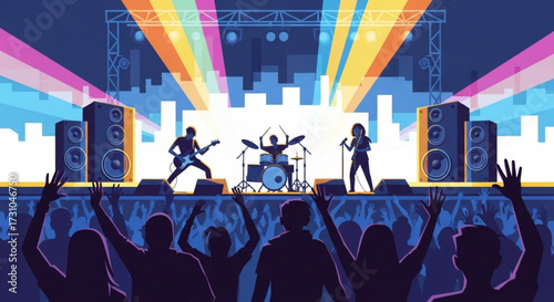 A live concert scene with a band performing on stage and a crowd cheering with colorful lights above them
