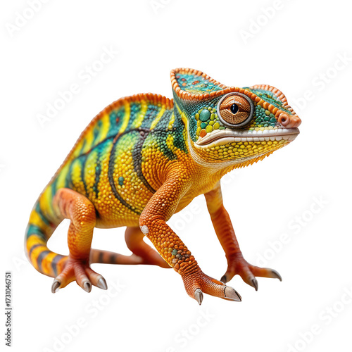 Vivid chameleon with vibrant colors, posing on black background