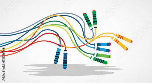 Illustration of several colorful jump ropes with handles arranged on a white background with shadows