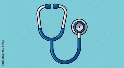 Illustration of a blue and white stethoscope with tubing and chest piece on a light blue background