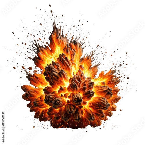 Fiery explosion, massive burst of energy and flames against black