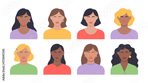 Flat vector illustration of diverse women portraits with different hairstyles, skin tones and clothes
