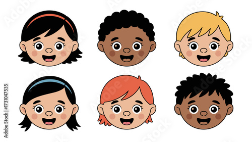 Vector illustration of six happy cartoon kids' faces with different hairstyles and skin tones
