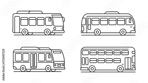 Vector illustration of four different bus types including double decker and city buses in line style
