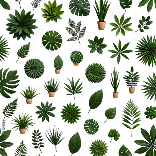 Overhead view of various lush green plants, seamless black background