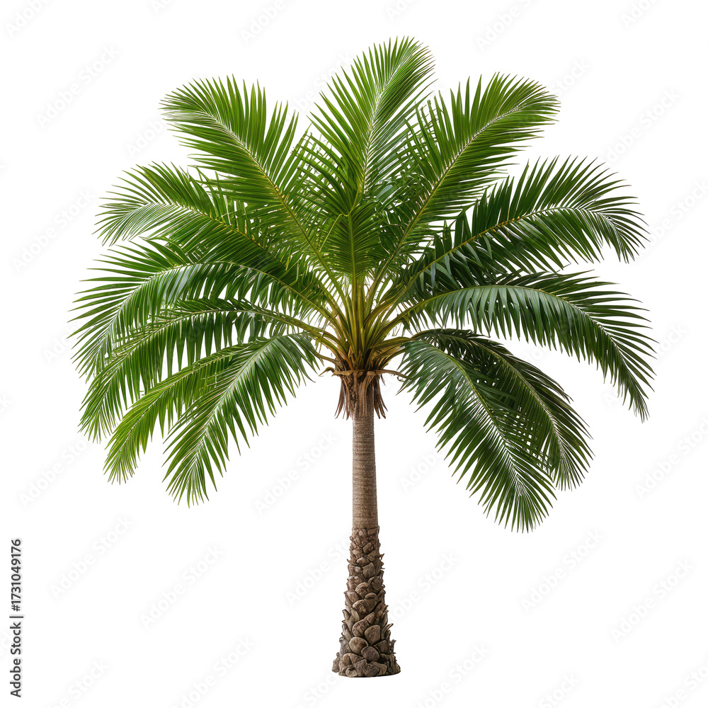 Fototapeta premium Lush green palm tree isolated on a black background