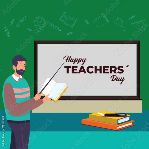 Happy Teacher’s Day celebration design with teacher illustration and classroom board, whait board