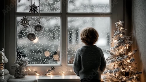 silhouette of child gazing out window on christmas eve filled with wonder and anticipation