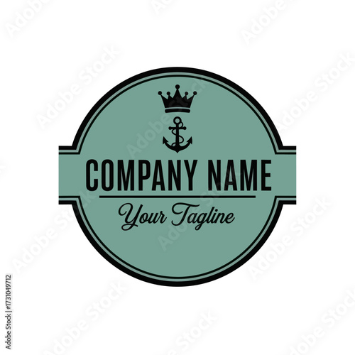 Partially Visible Nautical Company Logo Emblem with Crown and Anchor on Muted Green Background, Branding Graphic, Flat Vector Elements, Vector Illustration, Simple Vector, Stylized Vector Drawing,