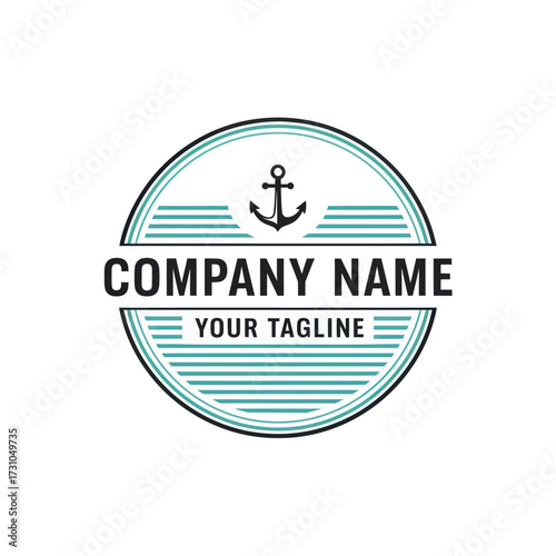 Nautical anchor logo with company name and tagline in a modern circular badge design, Flat Vector Elements, Vector Illustration, Simple Vector, Stylized Vector Drawing, Vector Template, Clean Vector