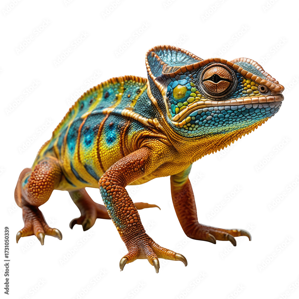 Obraz premium Vivid chameleon, detailed scales, vibrant colors, side view, black background