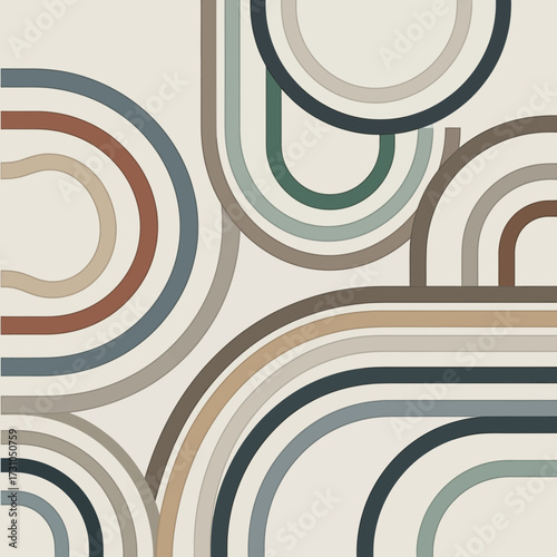 Abstract pattern of curved lines and arcs in muted colors.