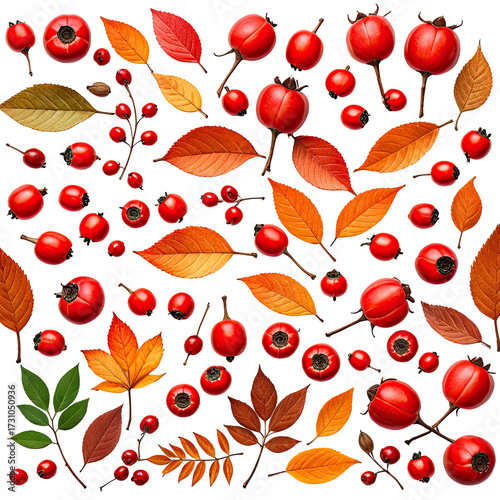 Autumnal collage leaves & red berries on black