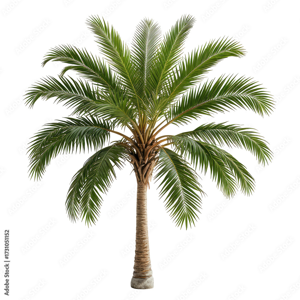 Fototapeta premium Isolated palm tree against black, showing trunk & lush, green fronds