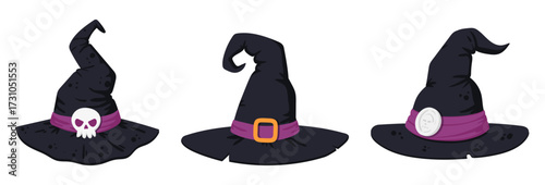 Cartoon Halloween witch hats. Wizard spooky decorated hats, Halloween party costume elements flat vector illustrations set. Witchcraft fall holidays hats collection on white