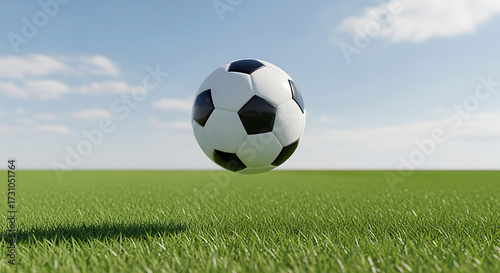Soccer ball in the Air  A pristine soccer ball floats mid-air against the backdrop of a vibrant green field and a bright  cloud-dotted blue sky. A celebration of sport and the joy of the game.