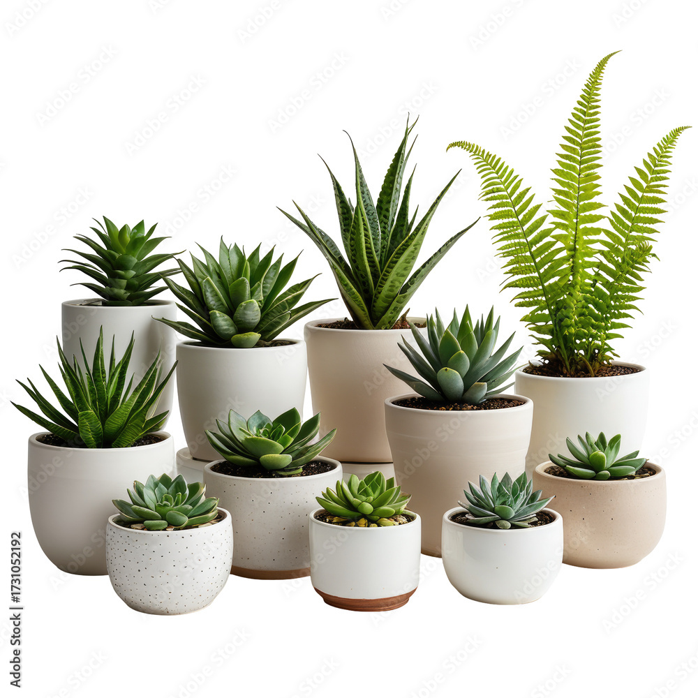 Fototapeta premium Various potted succulents and green ferns in a bright studio