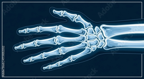 Illustration of a human hand x ray showing bones and joints against a dark blue background anatomy image
