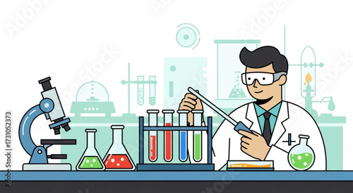 Illustration of a scientist in a lab coat conducting an experiment with lab equipment and test tubes
