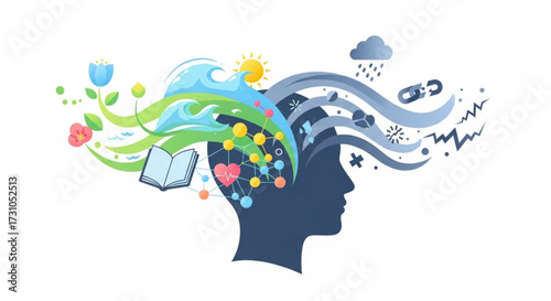 Illustration of a head with positive and negative thoughts, emotions and mental health concepts shown