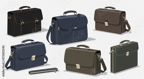 Illustration of six business briefcases in various colors and styles arranged on a white background space