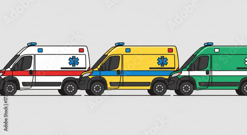 Three ambulances in a row with different colors and designs parked on a light gray background color