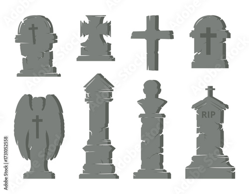 Halloween tombstones. Cemetery creepy gravestones with crosses, horror halloween grave stones silhouettes flat vector illustration set. Cartoon spooky gravestones on white