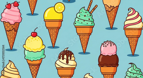 A delightful pattern of various ice cream cones with different flavors and toppings on a light blue background