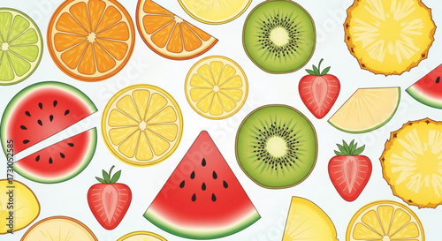 Assorted fruit slices including watermelon orange kiwi pineapple lemon and strawberry on a white background