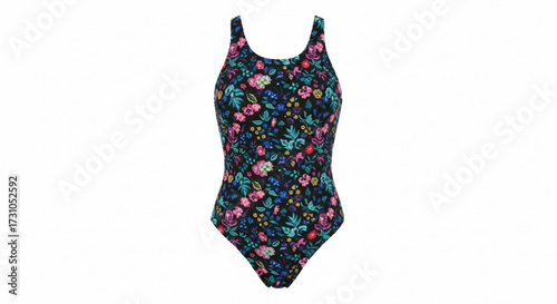 A floral patterned swimsuit with a black background and colorful flowers is displayed on a white surface