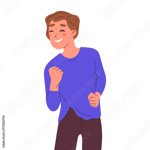 Happy guy celebrating win. Man with victory triumph emotion, successful male character enjoy victory flat vector illustration. Cheerful man enjoy triumph