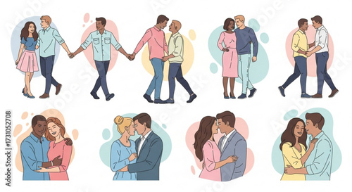 Illustration showing various couples of different ethnicities and sexual orientations embracing each other
