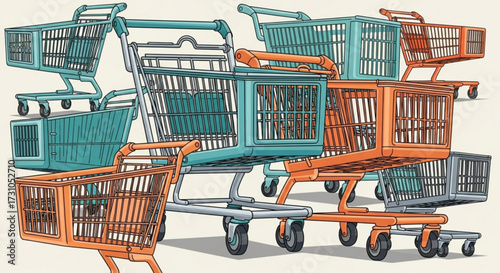 Illustration showing a pile of shopping carts in teal orange and gray colors stacked on top of each other
