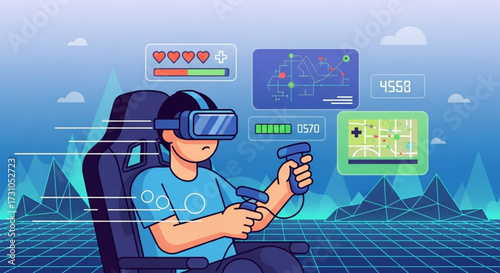 A person wearing vr headset and holding controllers sitting in a gaming chair with virtual interfaces around them