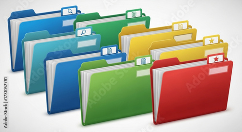 An assortment of colorful file folders with various icons on the tabs arranged in a neat row display